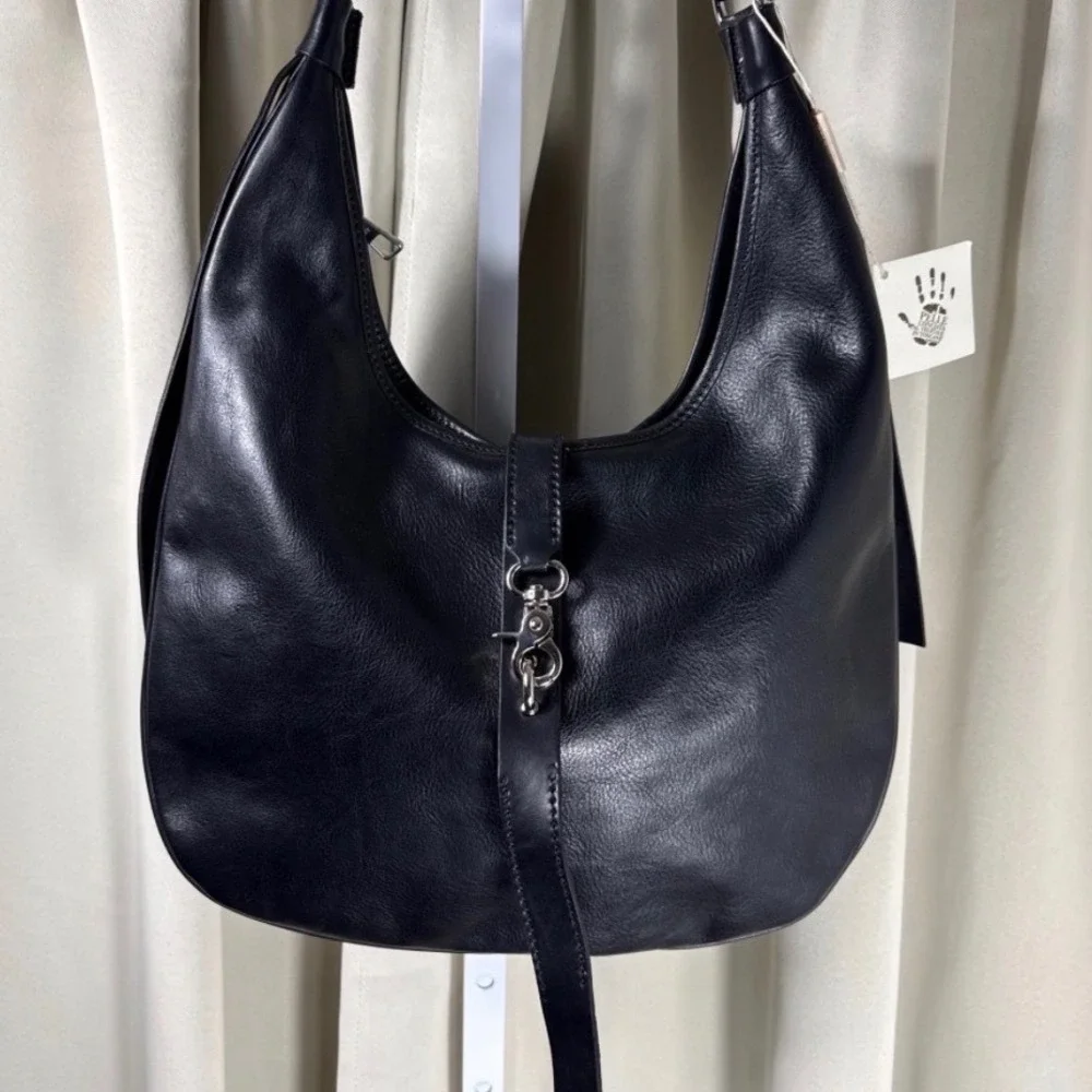 Vera Pelle Italiana Black Vegetable Tanned Leather Hobo Bag Made in Italy NWT